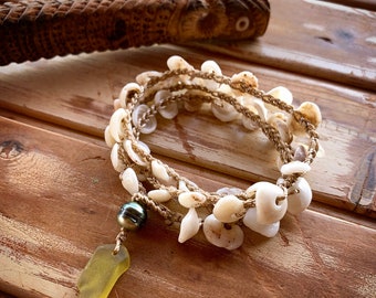 Dainty Hawaiian puka shell wrap bracelet or necklace  with a Tahitian pearl and chartreuse seaglass