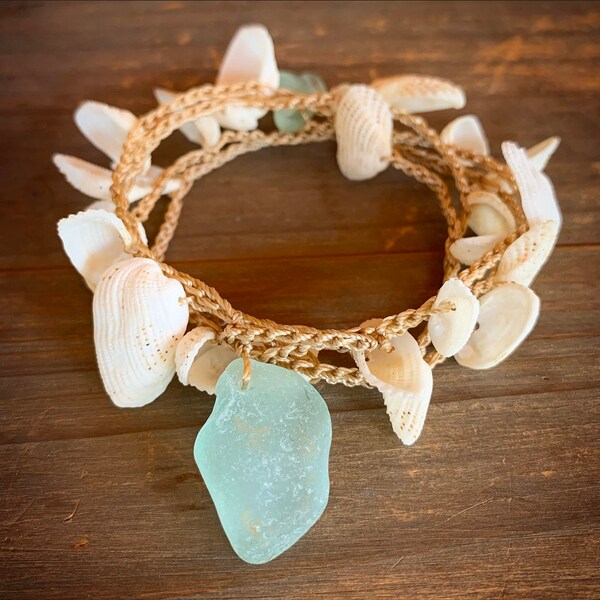 Boho Molokai shell wrap bracelet, anklet or necklace with Hawaiian ark shells and seafoam seaglass