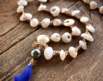 Dainty Hawaiian puka shell wrap bracelet or necklace  with a Tahitian pearl and cobalt blue seaglass