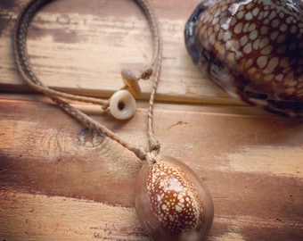 Hawaiian snake’s head cowrie shell necklace with locking seaglass clasp