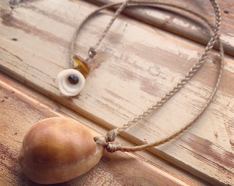 Hawaiian brown cowrie shell necklace with locking seaglass clasp