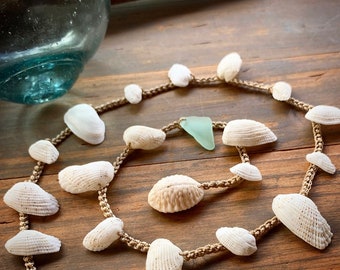 Boho Molokai shell wrap bracelet, anklet or necklace with Hawaiian ark shells and seafoam seaglass