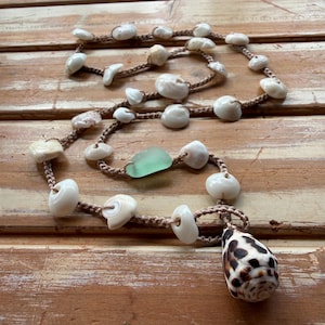 May include: A handcrafted necklace featuring white seashells, a piece of sea glass, and a large shell pendant with brown spots. The shells are strung on a brown cord, creating a unique, beach-inspired accessory.