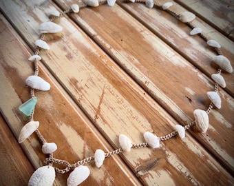 Boho Molokai Shell Wrap Bracelet, Anklet or Necklace, Hawaiian Ark Shells, Seafoam Seaglass