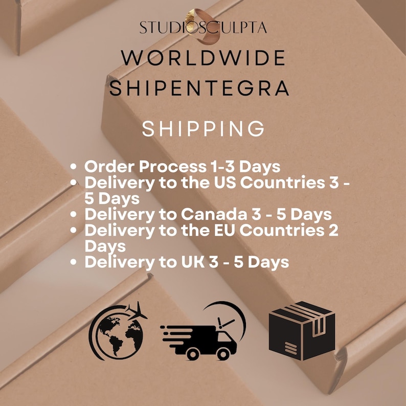 Pu&ograve; includere: Una scatola di cartone marrone con il testo "STUDIOSCULPTA WORLDWIDE SHIPENTEGRA SHIPPING" e un elenco di tempi di consegna per diversi paesi. I tempi di consegna sono: Processo di ordinazione 1-3 giorni, Consegna nei paesi degli Stati Uniti 3-5 giorni, Consegna in Canada 3-5 giorni, Consegna nei paesi dell'UE 2 giorni, Consegna nel Regno Unito 3-5 giorni.