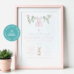 New Baby Girl Birth Stats Poster, EDITABLE Nursery Wall Art, Christening Gift, Baby Birth Details, Room Decor, Pink Bunny, Printable Digital