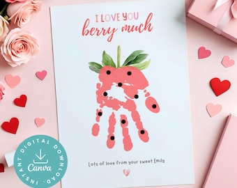 I Love You Berry Much PRINTABLE Art, Strawberry Handprint Keepsake Printable, Baby Toddler Kids Crafts