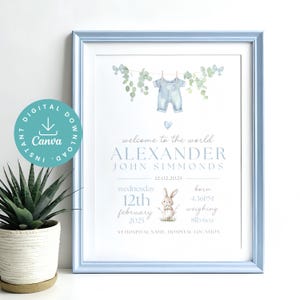 New Baby Boy Birth Stats Poster, EDITABLE Nursery Wall Art, Christening Gift, Baby Birth Details, Room Decor, Blue Bunny, Printable Digital
