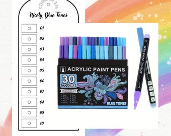 Nuancier feutres acryliques Nicety Blue Tones pour coloriage mystère (format numérique vierge)