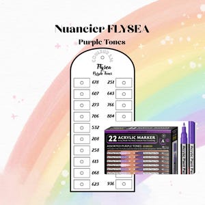 May include: A white color swatch card labeled Nuancier FLYSEA Purple Tones with numbered boxes for color testing. Next to it is a box of 22 acrylic paint markers in assorted purple tones, featuring two purple markers with extra fine tips.