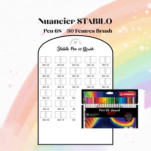 May include: A Stabilo Pen 68 Brush color chart featuring a grid of thirty numbered rectangular boxes for color swatching, accompanied by a set of thirty Stabilo Pen 68 Brush Arty felt-tip pens in a black rectangular case with a rainbow graphic.