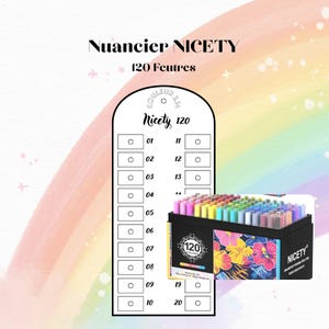 May include: A Nicety 120-count marker set in a black box with a floral design, accompanied by a white color swatch chart featuring numbered slots from 01 to 20. The text on the chart reads Nuancier NICETY 120 Feutres and Nicety 120.