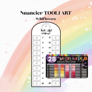 May include: A color chart and a set of 28 acrylic paint pens. The chart is labeled "Nuancier TOOLI ART Wildflowers" and has numbered boxes. The paint pens are in a black package with the text "28 Wildflowers Acrylic Paint Pens".