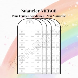 Peut inclure: Plusieurs cartes vierges pour nuancier de marqueurs acryliques. Chaque carte comporte des cases et des cercles pour tester les couleurs. Les cartes sont étiquetées "Nuancier VIERGE" et "Pour Feutres Acryliques - Non Numéroté".