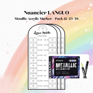 May include: A Languo Metallic Acrylic Marker colour swatch chart with white cards featuring rows of numbered boxes from MC 001 to MC 020. The image includes a black product box labelled Metallic Acrylic Marker and two markers with yellow tips.