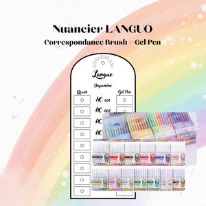 Könnte beinhalten: Eine Farbkarte der Marke Languo mit dem Text Nuancier LANGUO und Correspondance Brush + Gel Pen. Die Karte enthält eine Liste von Codes wie HC 601 und HC 602 mit kreisförmigen Kontrollkästchen. Ein Set mehrfarbiger Stifte ist darunter abgebildet.