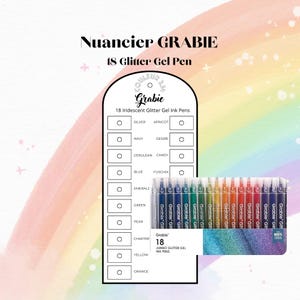 Könnte beinhalten: Ein Set mit 18 irisierenden Glitzer-Gelschreiber in einer transparenten Kunststoffhülle. Die Stifte sind in einem Regenbogen von Farben angeordnet, mit einer Farbkarte, die die Namen jeder Farbe auflistet. Der Text "Nuancier GRABIE 18 Glitter Gel Pen" steht oben.