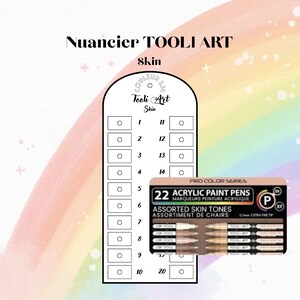 Op de afbeelding: Een kleurenkaart met de tekst "Nuancier TOOLI ART Skin" met een selectie van huidtinten. Een doos met 22 acrylverfstiften in diverse huidtinten wordt weergegeven, met 0,7 mm extra fijne punten.