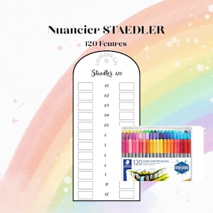 Peut inclure: Un ensemble de 120 feutres à double pointe dans un étui transparent, avec un nuancier intitulé "Nuancier STAEDLER" et "120 Feutres". Les feutres sont présentés dans un arc-en-ciel de couleurs.