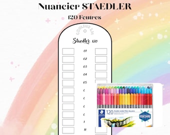 Könnte beinhalten: Eine Staedtler-Farbtabelle mit 120 nummerierten rechteckigen Feldern für Fasermaler, mit dem Text Nuancier STAEDTLER 120 Feutres. Ein durchsichtiges Kunststoffetui mit 120 doppelseitigen Fasermalern befindet sich unten rechts im Bild.