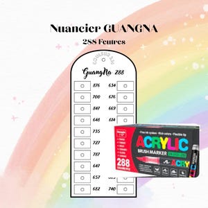 Peut inclure: Une carte de nuancier blanche intitulée Nuancier GUANGNA 288 Feutres avec une liste de codes couleur numérotés et des espaces circulaires pour les échantillons d'encre. À côté se trouve une boîte noire pour 288 feutres acryliques.