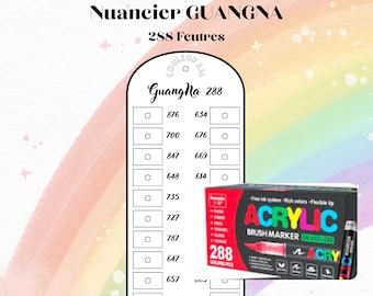 May include: A white color swatch card labeled Nuancier GUANGNA 288 Feutres with a list of numbered color codes and circular spaces for ink samples. Next to it is a black rectangular box for 288 acrylic brush markers with colorful text.