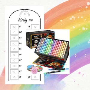 Tabla de colores de marcadores acrílicos Nicety 180 para colorear misterios (formato digital en blanco)