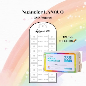 Peut inclure: Un ensemble de marqueurs acryliques beiges avec 288 couleurs, pointe souple et une largeur de trait de 1 à 4 mm. L'ensemble est présenté avec un nuancier et le texte "Nuancier LANGUO 280 Feutres".