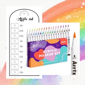 May include: A set of 36 acrylic markers in a box with the text "ACRYLIC MARKER SET". The markers have white barrels and colorful tips. A color chart and a single marker are also visible. The brand name "Arrtx" is displayed.