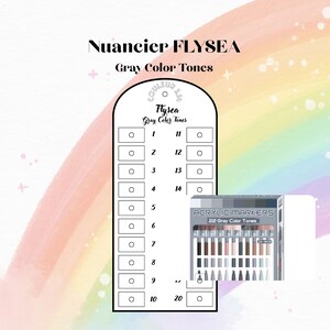 Peut inclure: Un nuancier avec le texte "Nuancier FLYSEA Gray Color Tones" et une boîte de 22 marqueurs acryliques gris. Le nuancier comporte des cercles numérotés pour les échantillons de couleurs. La boîte de marqueurs affiche les tons de gris.