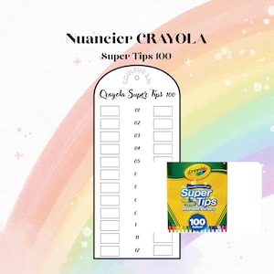 May include: A white color swatch chart titled Nuancier CRAYOLA Super Tips 100 with numbered rows for 100 colors, featuring a rounded top and a small hole. Next to it is a yellow and green box of Crayola Super Tips 100 Washable Markers.