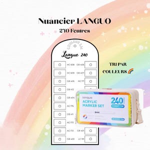 Puede incluir: Un estuche beige con un juego de rotuladores acrílicos de colores, etiquetado como "Languo 240 Colors Soft Tip". También se ve una carta de colores con el texto "Nuancier LANGUO 240 Feutres" y "Tri par Couleurs".