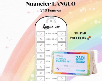 May include: A Languo 240 acrylic marker set in a rectangular carrying case with a clear window, accompanied by a white color chart card featuring circular swatches and alphanumeric codes like HC 608, GB 406, and AG 171 for color organization.