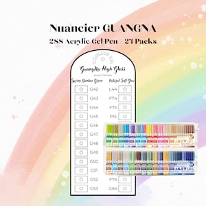 Pode incluir: Uma tabela de cores para canetas de gel acrílico GuangNa High Gloss, com 288 canetas em 24 pacotes. A tabela lista códigos de cores como G42 a G53, L44, F74, F75, P15, F76 e G64. Uma pequena imagem mostra duas fileiras de canetas coloridas.
