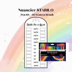 May include: A white color chart for Stabilo Pen 68 30 Feutres Brush markers featuring a list of numbered color codes and empty rectangular boxes for swatching, alongside a black box containing 30 assorted colored brush tip markers.