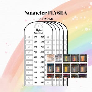 May include: An image featuring a color chart labeled "Nuancier FLYSEA" with "15 PACKS" above it. The chart includes a "Flysea Purple Tones" section with color swatches and numbers. Below are several boxes of "22 ACRYLIC MARKERS" in various color palettes.