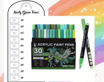 Nuancier feutres acryliques Nicety Green Tones pour coloriage mystère (format numérique vierge)