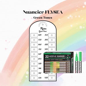 Peut inclure: Présentation de marqueurs acryliques verts et d'un nuancier. Les marqueurs sont dans une boîte intitulée "22 Marqueur Acrylique Tons Verts Assortis". Le nuancier présente des échantillons de couleurs avec des numéros et le texte "Nuancier FLYSEA Green Tones."