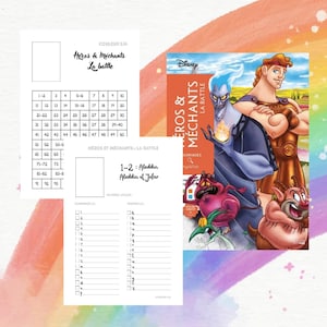 May include: A printable worksheet with a grid of numbers 1-50 and a section for listing heroes and villains from Disney movies. The worksheet is titled "Heroes & Villains: The Battle" and features a colorful illustration of Hercules, Hades, and Pegasus from the Disney movie Hercules.