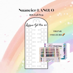 Nuanciers Stylos Gel LANGUO 168 (master edition) pour coloriage mystère trié PAR COULEURS à imprimer - Marker Swatch Printable