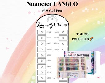 May include: A white color chart titled Nuancier LANGUO 168 Gel Pen with a list of codes like JY 143 and SM 111. Beside it, a clear plastic case holds numerous colorful gel pens, labeled Color Painting Gel-Pen, against a soft rainbow background.
