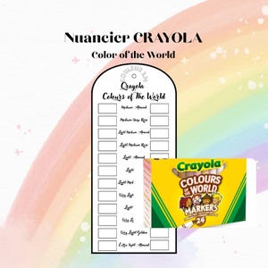 May include: A Crayola Colours of the World marker set with 24 markers, beside a colour chart labelled "Nuancier CRAYOLA Color of the World". The chart has colour names like "Medium Almond" and "Light Almond".