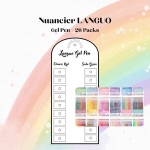 Peut inclure: Présentation de 26 packs de stylos gel Languo, avec une variété de couleurs. L'emballage est coloré et le texte "Nuancier LANGUO Gel Pen - 26 Packs" est visible. L'image comprend également le texte "Chinese Red" et "Soda Green".
