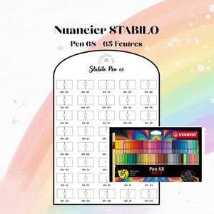 May include: A white Stabilo Pen 68 color chart with a grid of numbered rectangular boxes for 65 felt-tip pens. A rectangular product box for Stabilo Pen 68 Arty felt-tip pens is positioned over the lower right section of the chart.