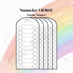 May include: A stack of cloud-shaped color charts with the text "Nuancier Vierge Forme Nuages" at the top. Each chart has cloud outlines and dotted lines for color swatches. The background features a pastel rainbow.