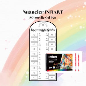 May include: A white color swatch chart labeled Nuancier INFIART 80 Acrylic Gel Pen with rows of circular markers and alphanumeric codes. Beside it, a black rectangular box displays the Infiart brand, 80 Acrylic Paint Gel pen text, and two pens.
