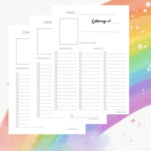 Puede incluir: Tres hojas de papel blanco con un diseño de planificador. Cada hoja tiene una sección para "TOME", una lista de casillas de verificación y el texto "Coloriage no". El fondo tiene un diseño de acuarela arcoíris.