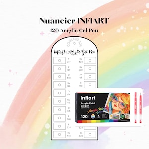 May include: A display of Infiart 120 Acrylic Gel Pens. The image features a color chart, a box of pens, and two individual pens. The box has a colorful illustration of a woman with glasses. The text "Nuancier INFIART" and "120 Acrylic Gel Pen" are visible.