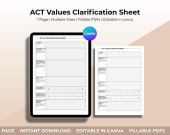 ACT Values Clarification Sheet | Printable + Customizable Worksheet | ACT Tool | Mindfulness, Self-Care Digital Download