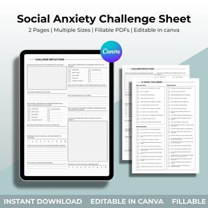 May include: A black and white printable social anxiety challenge sheet with two pages. The first page has a section for challenge reflections and the second page has a list of 47 social challenges.